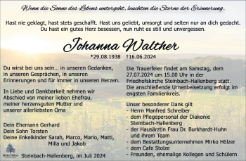 Traueranzeige von Johanna Walther von Südthüringer Presse