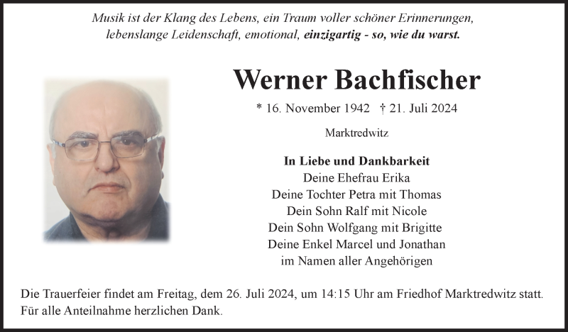 Traueranzeige für Werner Bachfischer vom 24.07.2024 aus Frankenpost
