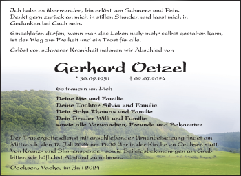 Traueranzeige von Gerhard Oetzel von Südthüringer Presse