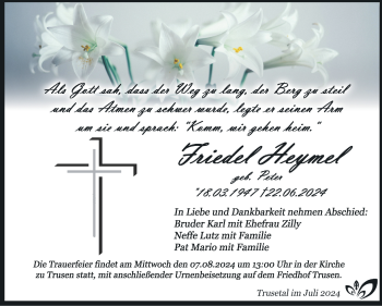 Traueranzeige von Friedel Heymel von Südthüringer Presse