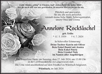 Traueranzeige von Annelore Rocktäschel von Südthüringer Presse
