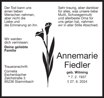Traueranzeige von Annemarie Fiedler von Frankenpost