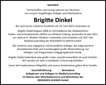 Traueranzeige von Brigitte Dinkel von Neue Presse Coburg