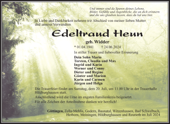 Traueranzeige von Edeltraud Heun von Südthüringer Presse