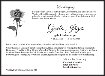 Traueranzeige von Gisela Jäger von Südthüringer Presse