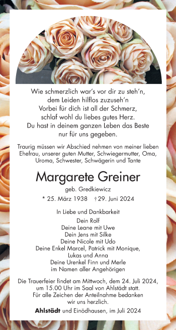 Traueranzeige von Margarete Greiner von Südthüringer Presse