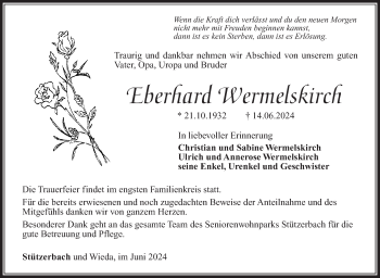 Traueranzeige von Eberhard Wermelskirch von Südthüringer Presse