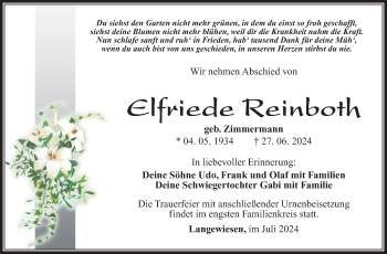 Traueranzeige von Elfriede Reinboth von Südthüringer Presse