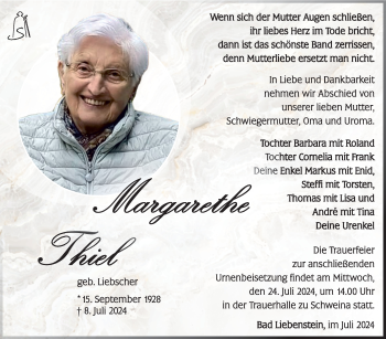 Traueranzeige von Margarethe Thiel von Südthüringer Presse