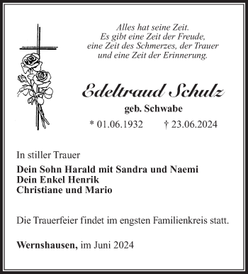 Traueranzeige von Edeltraud Schulz von Südthüringer Presse