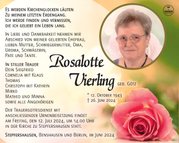 Traueranzeige von Rosalotte Vierling von Südthüringer Presse