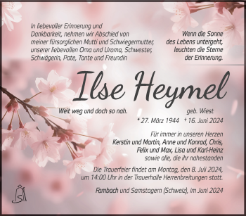 Traueranzeige von Ilse Heymel von Südthüringer Presse