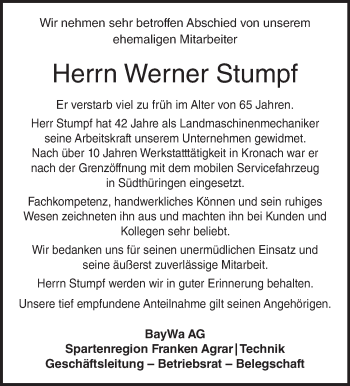 Traueranzeige von Werner Stumpf von Neue Presse Coburg