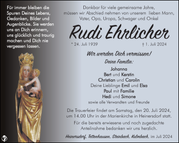 Traueranzeige von Rudi Ehrlicher von Südthüringer Presse