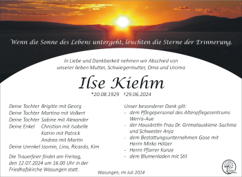 Traueranzeige von Ilse Kiehm von Südthüringer Presse