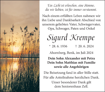 Traueranzeige von Sigurd Krempe von Frankenpost