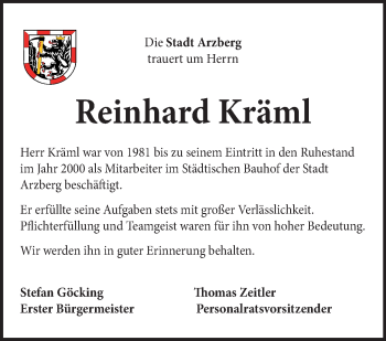 Traueranzeige von Reinhard Kräml von Frankenpost