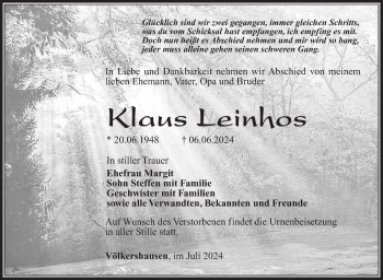 Traueranzeige von Klaus Leinhos von Südthüringer Presse