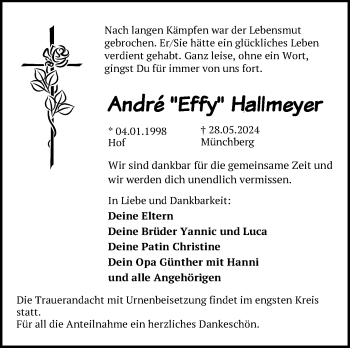 Traueranzeige von André Hallmeyer von Frankenpost