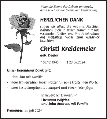 Traueranzeige von Christl Kreidemeier von Südthüringer Presse
