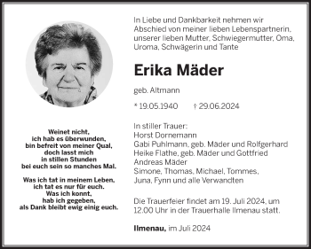 Traueranzeige von Erika Mäder von Südthüringer Presse
