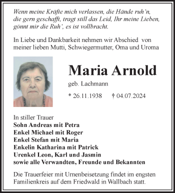 Traueranzeige von Maria Arnold von Südthüringer Presse