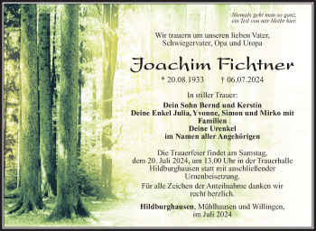 Traueranzeige von Joachim Fichtner von Südthüringer Presse