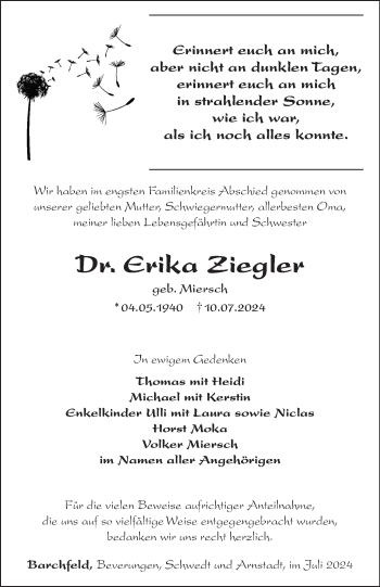 Traueranzeige von Erika Ziegler von Südthüringer Presse
