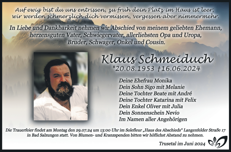  Traueranzeige für Klaus Schmeiduch vom 20.07.2024 aus Südthüringer Presse