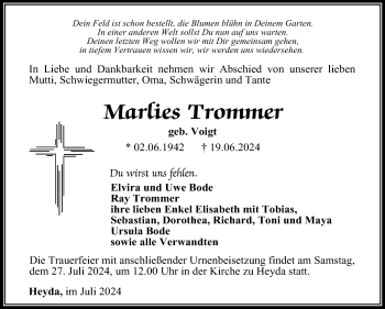Traueranzeige von Marlies Trommer von Südthüringer Presse
