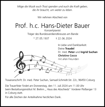 Traueranzeige von Hans-Dieter Bauer von Neue Presse Coburg
