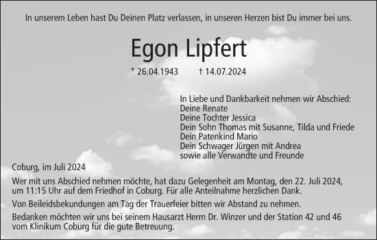Traueranzeige von Egon Lipfert von Neue Presse Coburg