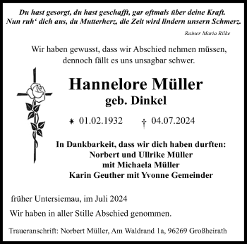 Traueranzeige von Hannelore Müller von Neue Presse Coburg