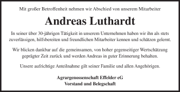 Traueranzeige von Andreas Luthardt von Südthüringer Presse