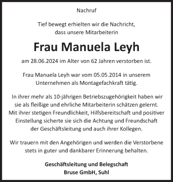 Traueranzeige von Manuela Leyh von Südthüringer Presse