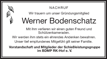 Traueranzeige von Werner Bodenschatz von Frankenpost