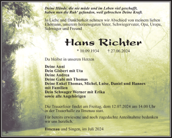 Traueranzeige von Hans Richter von Südthüringer Presse