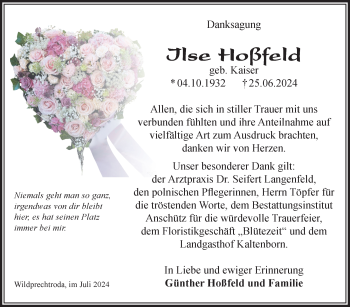 Traueranzeige von Ilse Hoßfeld von Südthüringer Presse