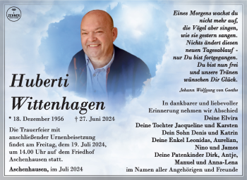 Traueranzeige von Huberti Wittenhagen von Südthüringer Presse
