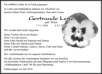 Traueranzeige von Gertraude Lenz von Südthüringer Presse