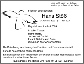 Traueranzeige von Hans Stöß von Frankenpost