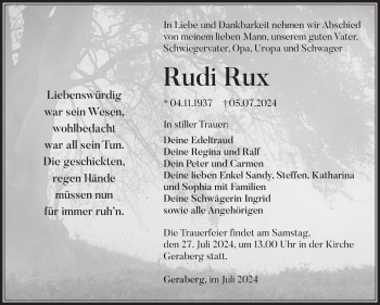 Traueranzeige von Rudi Rux von Südthüringer Presse