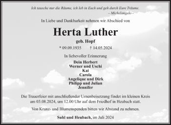 Traueranzeige von Herta Luther von Südthüringer Presse