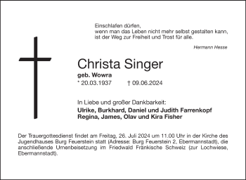 Traueranzeige von Christa Singer von Frankenpost