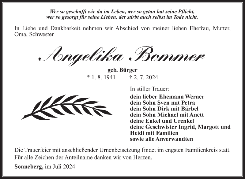  Traueranzeige für Angelika Bommer vom 13.07.2024 aus Südthüringer Presse