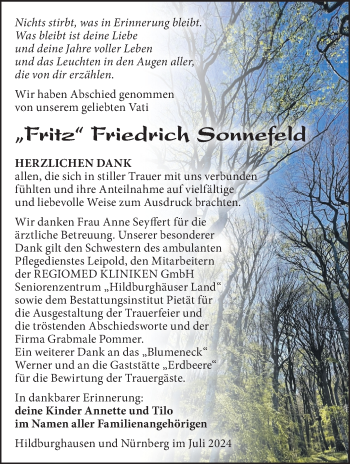 Traueranzeige von Friedrich Sonnefeld von Südthüringer Presse