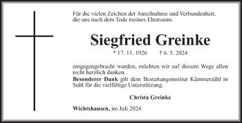 Traueranzeige von Siegfried Greinke von Südthüringer Presse