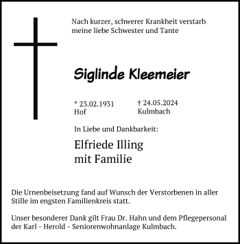 Traueranzeige von Siglinde Kleemeier von Frankenpost