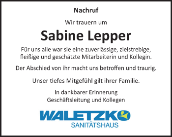 Traueranzeige von Sabine Lepper von Südthüringer Presse