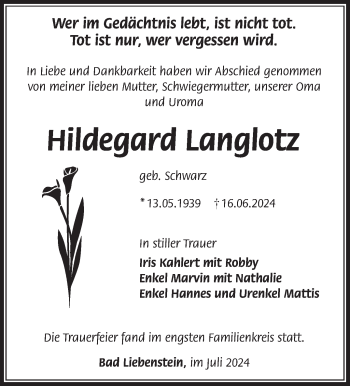 Traueranzeige von Hildegard Langlotz von Südthüringer Presse